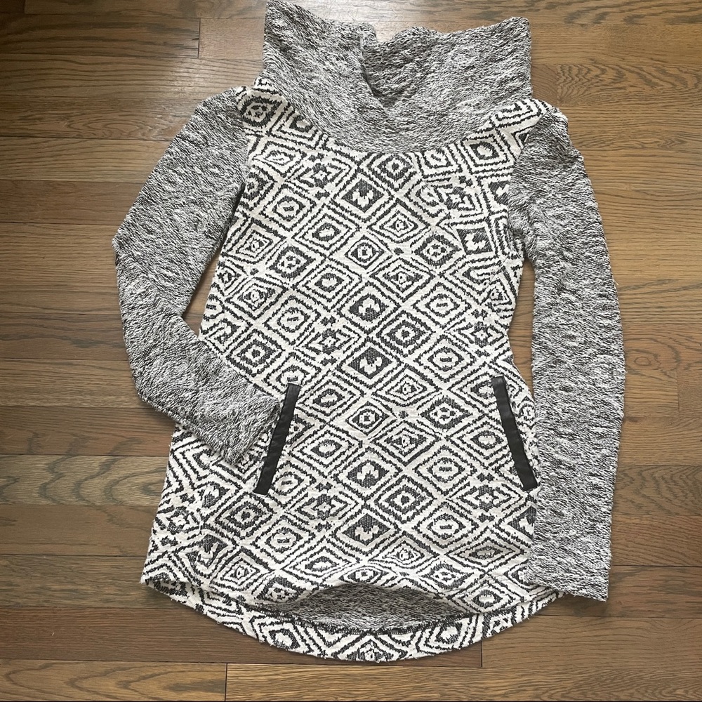 Anthropologie size small black white sweater dress faux leather cowl neck